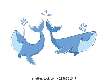 cute whale friends are waving their tails. Isolated whales on a white background