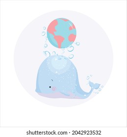 Cute whale with globe drawn vector illustration. Can be used for baby t-shirt print, fashion print design, kids wear, baby shower celebration greeting and invitation card.