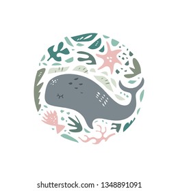 Cute whale, hand drawn color vector circle pattern. Ocean character cartoon style. Sketch sea animals. Web, label, decor apparel