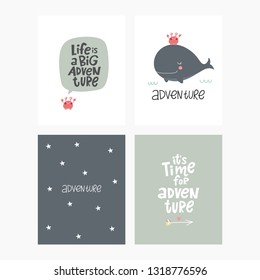 Cute whale hand drawn print. Cartoon Whale loves adventure. 