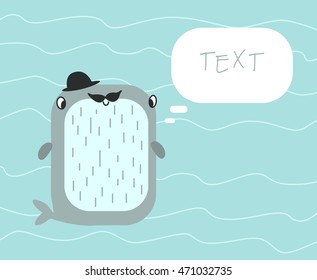 Cute whale in hat illustration. Gentleman with mustache. Flat vector design.