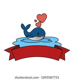 cute whale with hearts and ribbon in the ocean character