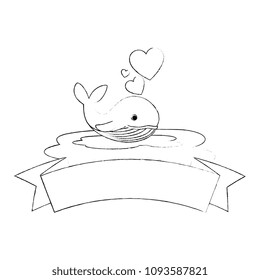 cute whale with hearts and ribbon in the ocean character