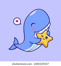 Cute Whale Holding Star Cartoon Vector Icon Illustration. Animal Nature Icon Concept Isolated Premium Vector. Flat Cartoon Style