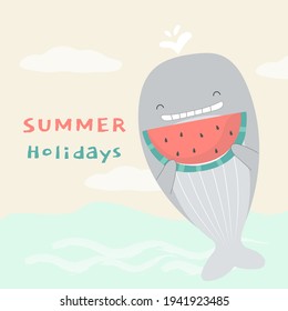 cute whale holding watermelon and smiling in the sea with happy, Hand drawn style flat vector illustration, Animals summer time concept