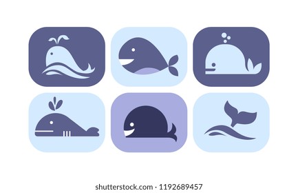 Cute whale icons set, sea creature animals signs in blue colors vector Illustration on a white background