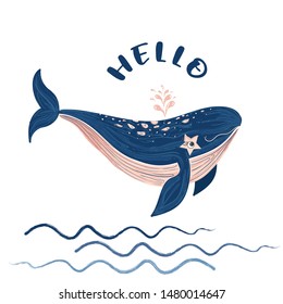cute whale illustration vector for kids tee