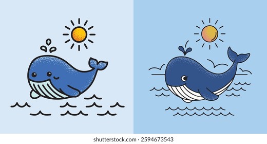 Cute whale illustrations with sun and water