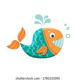 Ballena pequeña aislada en un fondo blanco. Vida submarina. Diseño plano. Ilustración vectorial. Elemento de diseño para tarjeta de saludo, cartel, portada, folleto.