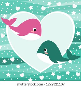 Cute whale is kissing seamless pattern. Lovely animal in Valentine concept.