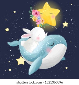 Cute whale with little bunny flying in the space