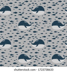 cute whale and little fish, seamless pattern, cartoon vector illustration