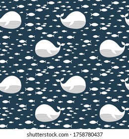 cute whale and little fish, seamless pattern, cartoon vector illustration 
