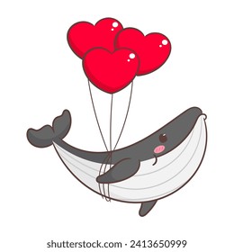 Cute whale with love balloons cartoon vector illustration. Adorable and kawaii animal concept deesign. Undersea aquatic mammals.Isolated white background.