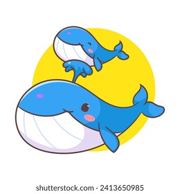 Cute de la madre de la ballena y el bebé dibujos animados ilustrativos vectoriales. Diseño de concepto animal adorable y kawaii. Mamíferos acuáticos submarinos. Fondo blanco aislado.