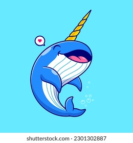 Cute Whale Narwhal Swimming Cartoon Vector Icon Illustration. Animal Nature Icon Concept Isolated Premium Vector. Flat Cartoon Style