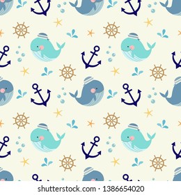 Cute whale, nautical and marine symbols seamless pattern.