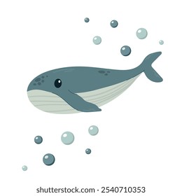 Cute whale. Nice underwater ocean animal character. Vector illustration, flat. For children nursery,