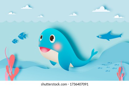 Cute whale with ocean and paper art style background in pastel color scheme