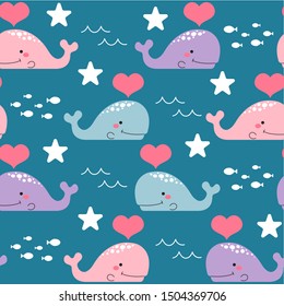 Cute whale in the ocean seamless pattern