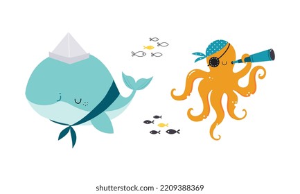 Cute Whale and Octopus in Bandana as Sea Animal Floating Underwater Vector Set