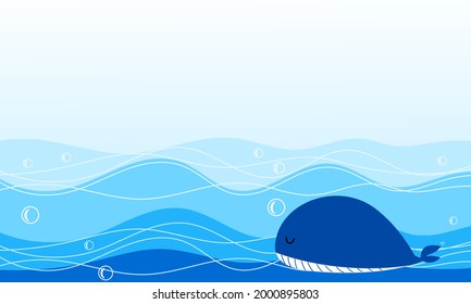 Cute whale on blue wave background vector.