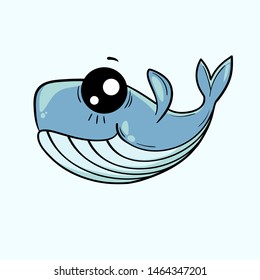 Cute whale on isolated background. Kawaii cartoon character. Vector illustration.