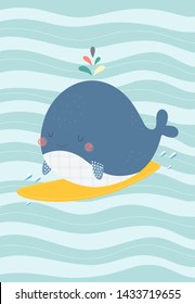 Cute whale on a surf. Vector illustration in a scandinavian style. Cute and funny poster.