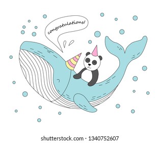 Cute whale and panda. Congratulation. Great for kids apparel, nursery decoration. Vector Illustration