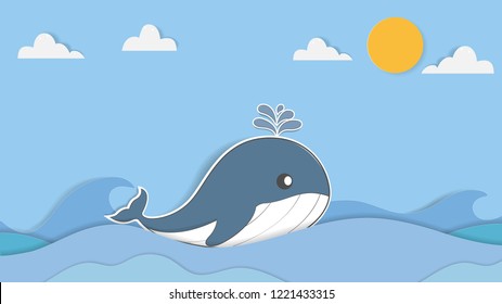 Cute whale pastel background and greeting card. cartoon and paper art design. vector, ilustration