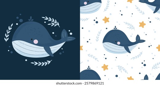 Cute whale pattern and poster or card design