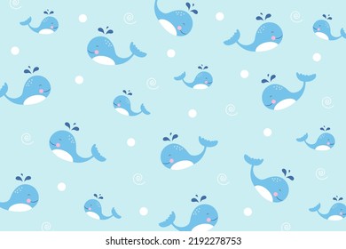 Cute whale pattern with sea wave isolate on ocean blue background. Creative for print, screen, wallpaper, textile or cover.Vector.Illuatration.