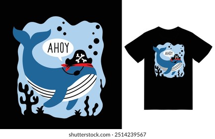 Cute whale pirate illustration with tshirt design premium vector the Concept of Isolated Technology. Flat Cartoon Style Suitable for Landing Web Pages,T shirt, Flyers, Stickers