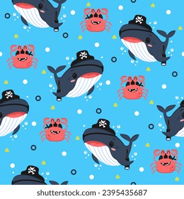 Cute Whale Pirates Cartoon Vector Pattern Design.