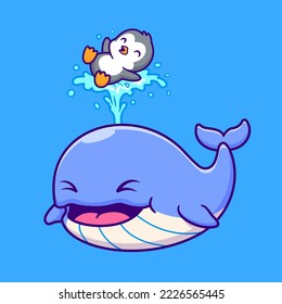 Cute Whale Playing With Penguin Cartoon Vector Icon Illustration. Animal Nature Icon Concept Isolated Premium Vector. Flat Cartoon Style