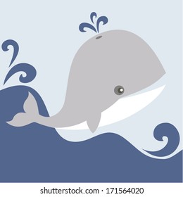 Cute whale is playing in the sea.