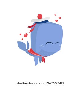 Cute whale in sailor hat. In love, cute, mammal. Can be used for topics like animal, sea, maritime