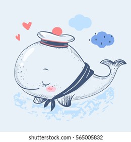 Cute whale in a sailor suit cartoon hand drawn vector illustration. Can be used for t-shirt print, kids wear fashion design, baby shower invitation card.