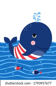 Cute whale in a sailor suit. Poster for baby room. Childish print for nursery. Design can be used for greeting card, invitation, baby shower. Vector illustration.