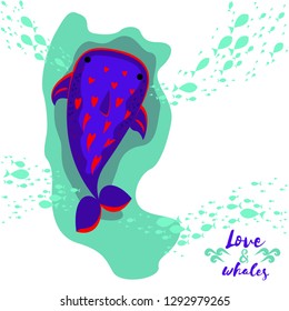 Cute whale with school of fish around, character design animal, hearts on the back, underwater life, sign love and whales, vector illustration.