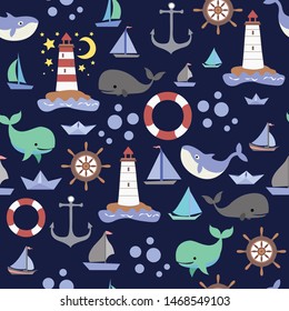 cute whale and sea beach on blue navy background seamless pattern