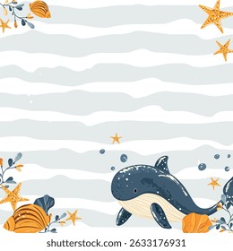 Cute Whale and Sea Elements on Striped Background – Nursery Wall Art, Baby Shower Invitation, Kids Birthday Decor, Ocean Theme Illustration


