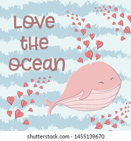 Cute whale in the sea with hearts in the style of a cartoon.