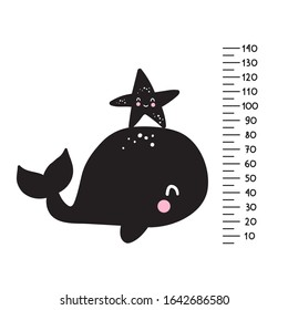 Cute whale and sea star and meter wall for measuring children. Vector illustration on white background.