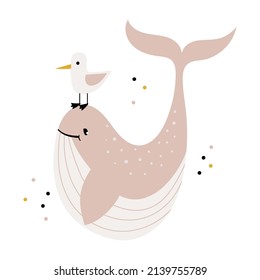 Cute whale and seagull. Vector drawn characters. Baby shower cards. Children's printed T-shirt, postcard, poster for decorating the children's room.