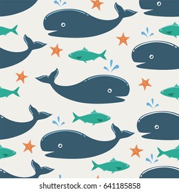 Cute whale seamless pattern. Can be used for wallpaper, t-shirt pattern, web page background, print, wrapping