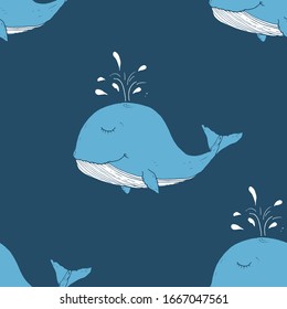 Cute Whale Seamless Pattern Cartoon Hand Drawn Animal Doodles Vector Illustration Background.