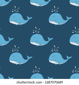 Cute Whale Seamless Pattern Cartoon Hand Drawn Animal Doodles Vector Illustration Background.