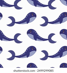 Lindo patrón sin fisuras de ballena. Fondo kawaii para niños. Bajo el mar, el agua, el carácter animal, la fauna del océano. Diseño de Vector plano.	