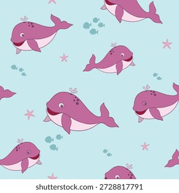 Padrão sem emenda de baleia bonito para crianças com tema de oceano, Um padrão bonito sem emenda com baleias de desenho animado sorridente nadando no oceano com peixes pequenos e estrelas-do-mar em um fundo azul suave. Este projeto marinho brincalhão é perfeito para tecidos infantis, produtos para bebês, decoração de berçário, papel de parede, papel de embalagem e projetos têxteis infantis. Estilo de ilustração simples, divertido e amigável adequado para uso digital e de impressão.